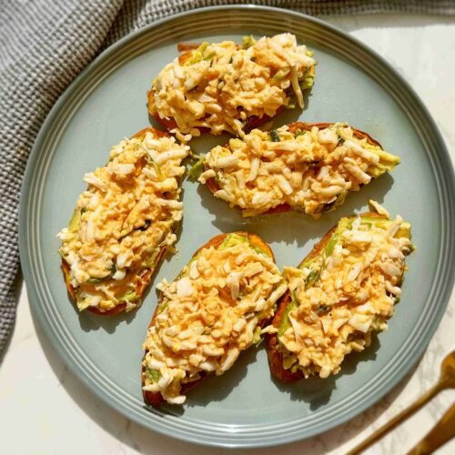 Grated Egg Sweet Potato Toast served on a plate