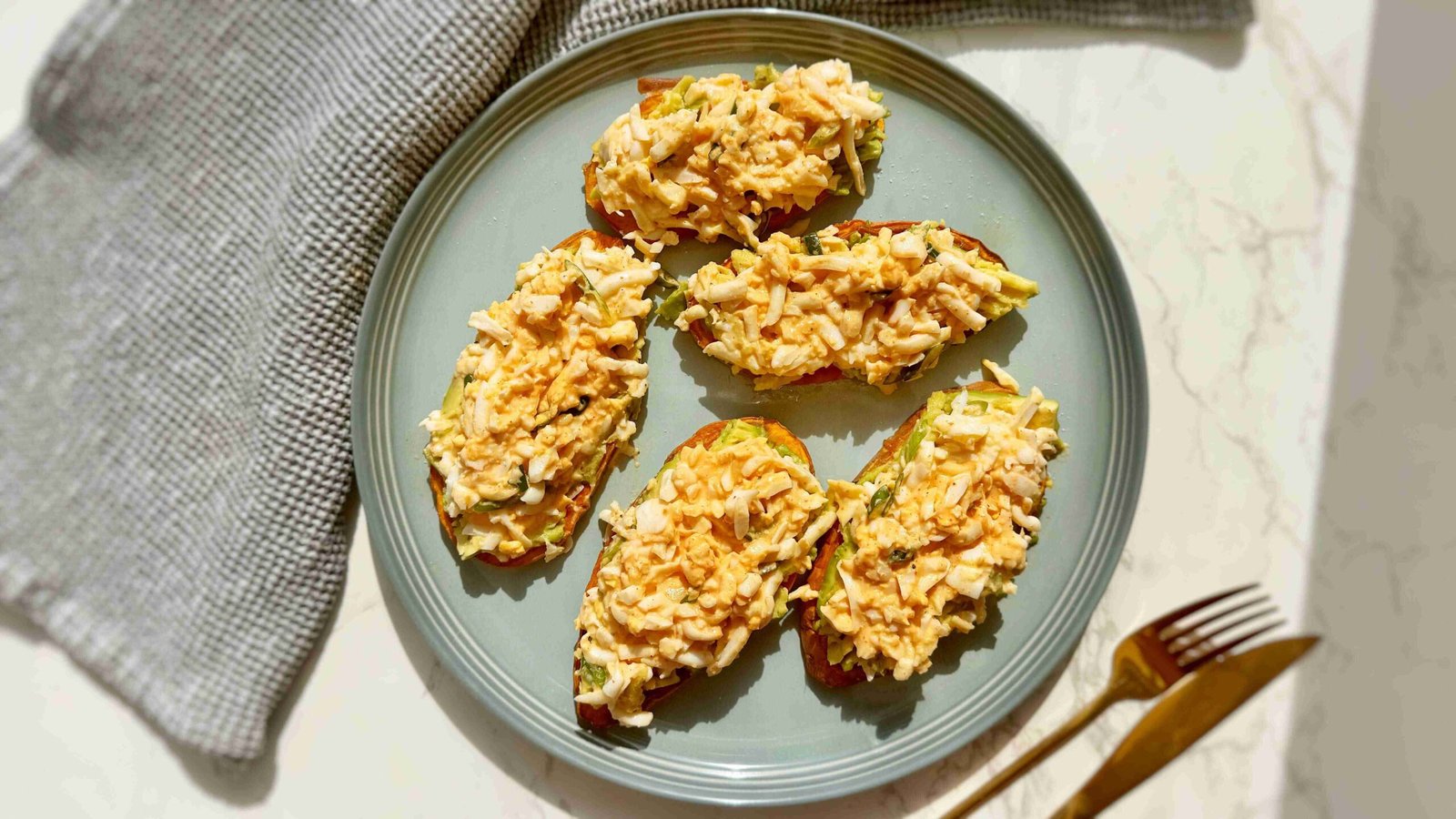 Grated Egg Sweet Potato Toast served on a plate