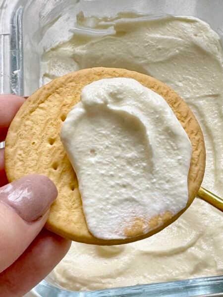 Homemade mascarpone cheese in a white bowl, garnished with fresh herbs, ready to serve as a spread or cooking ingredient.