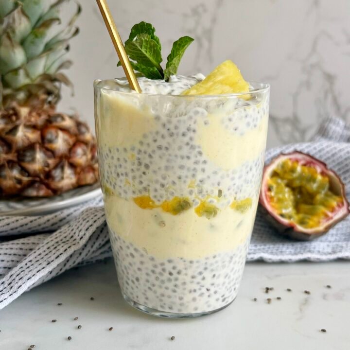Creamy, tangy Passion Fruit Chia Pudding with yoghurt and protein powder. A healthy, tropical breakfast or dessert ready in minutes.