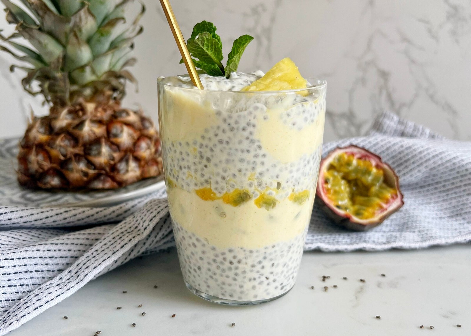 Creamy, tangy Passion Fruit Chia Pudding with yoghurt and protein powder. A healthy, tropical breakfast or dessert ready in minutes.