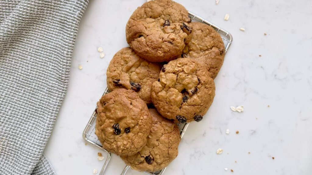 Oatmeal and Raisin Gooey Cookies served on a rack.