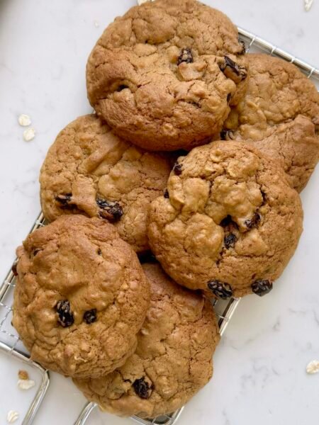 Oatmeal and Raisin Gooey Cookies served on a rack.