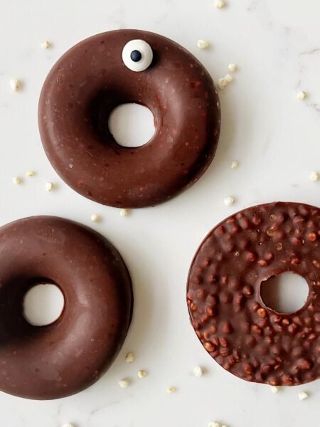 No Bake Crunchy Chocolate Donuts with confectionary eyes for Halloween
