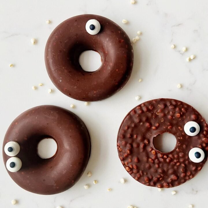 No Bake Crunchy Chocolate Donuts with confectionary eyes for Halloween