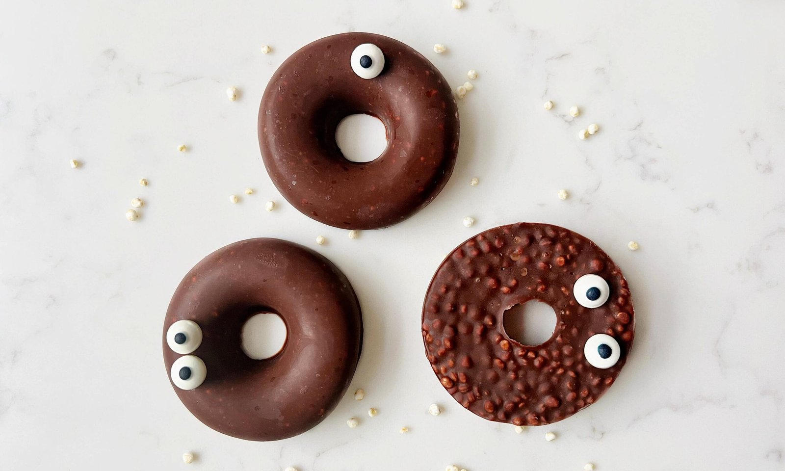 No Bake Crunchy Chocolate Donuts with confectionary eyes for Halloween
