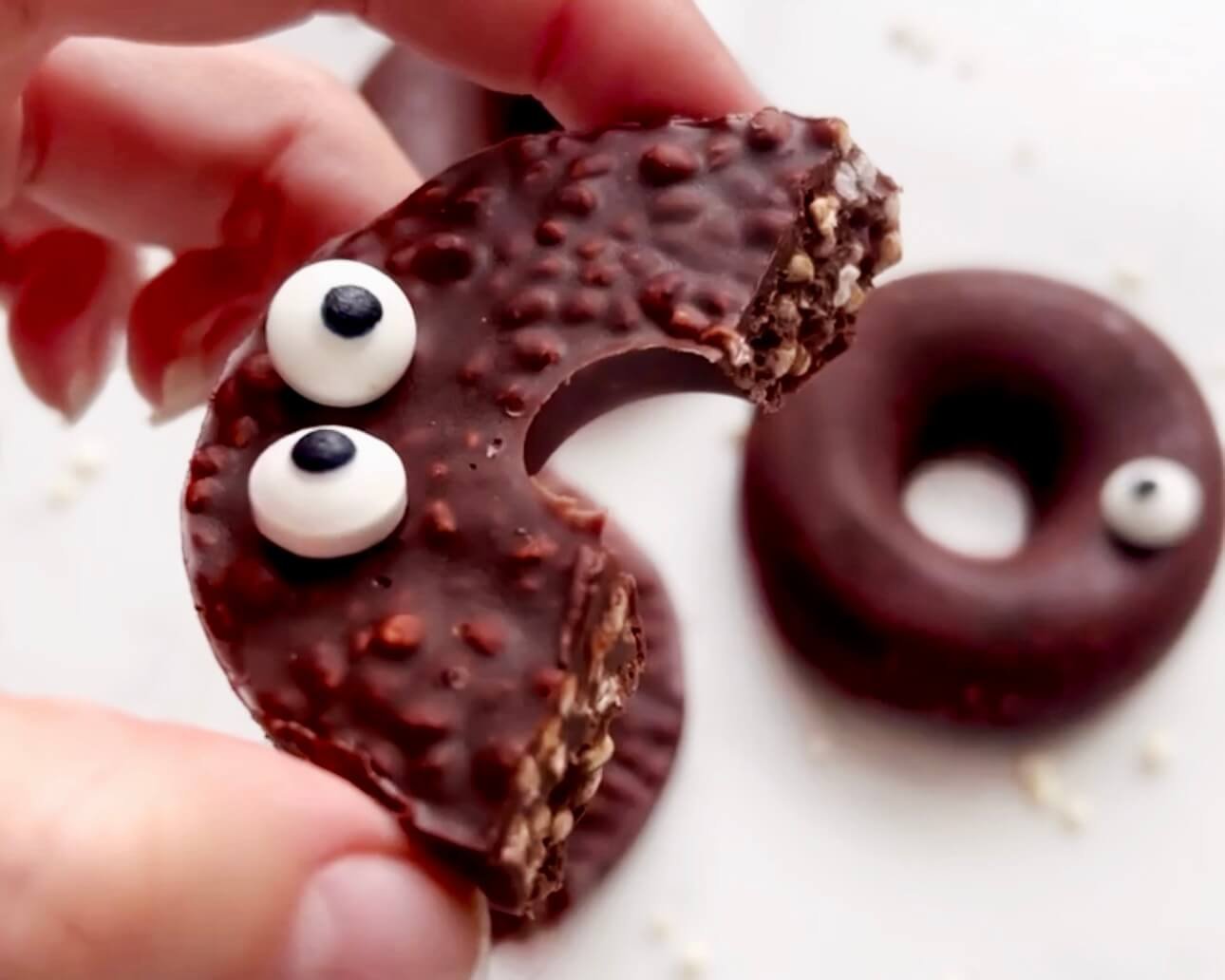 No Bake Crunchy Chocolate Donuts with confectionary eyes for Halloween