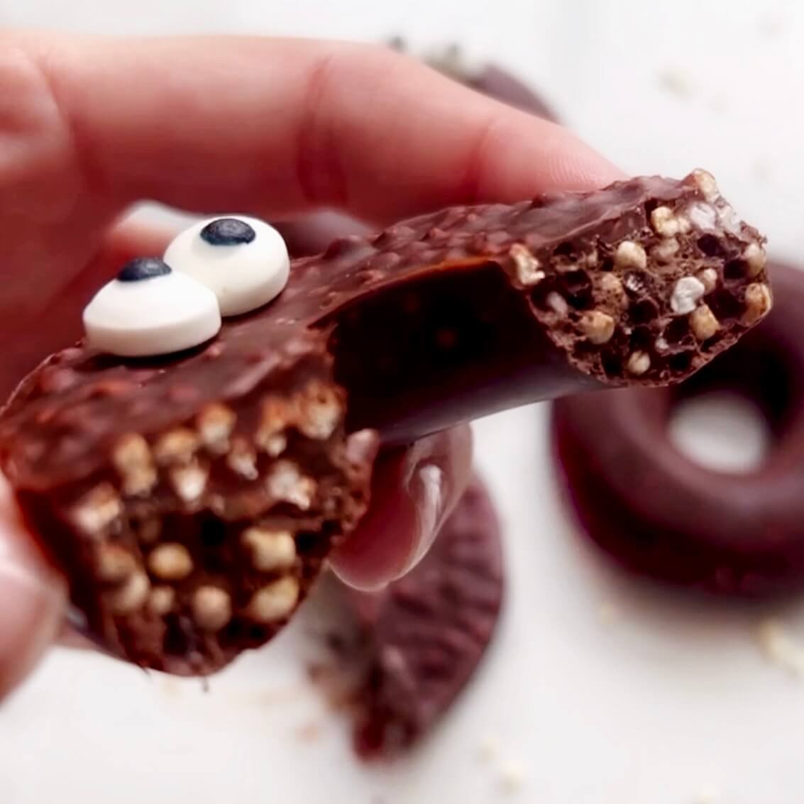 No Bake Crunchy Chocolate Donuts with confectionary eyes for Halloween
