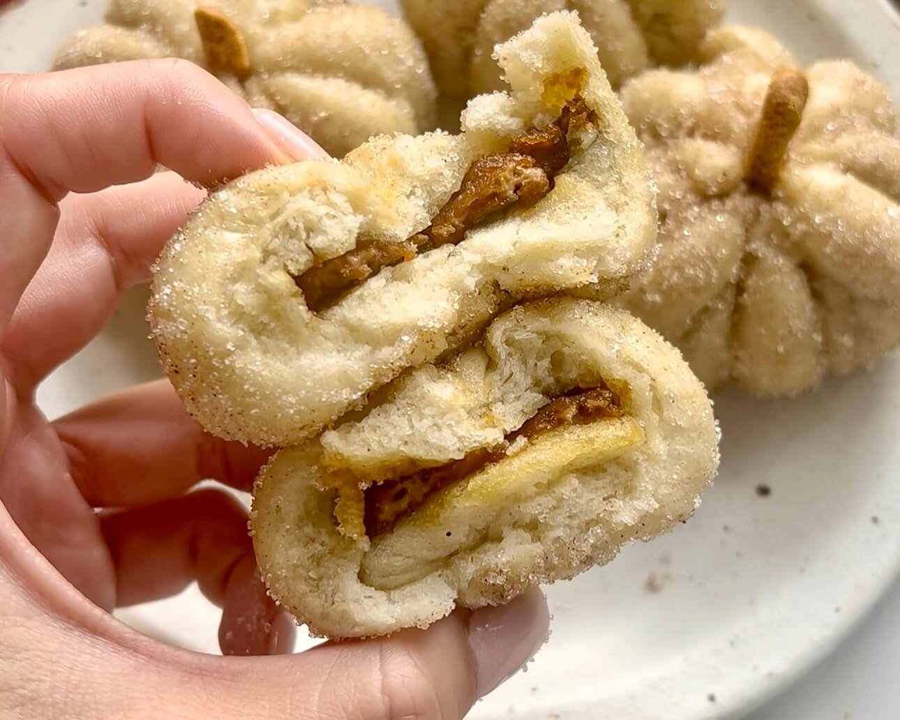 Pumpkin Spice Steamed Buns, a hand holding one showing filling
