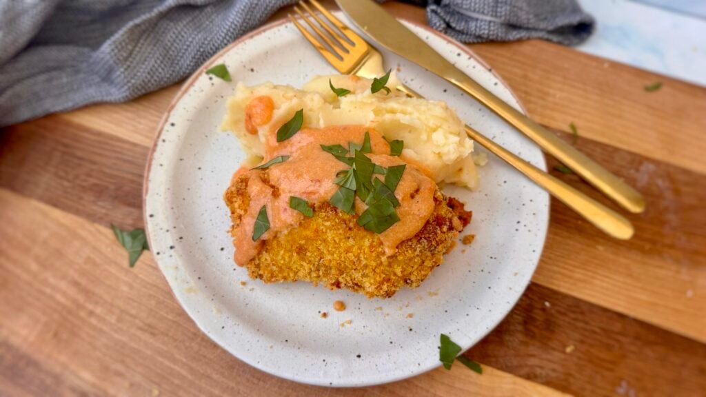 Golden, crispy Marry Me Chicken Kiev sliced open to reveal a rich sun-dried tomato and Parmesan filling, served with creamy mashed potatoes and a drizzle of cottage cheese sauce, garnished with fresh basil.