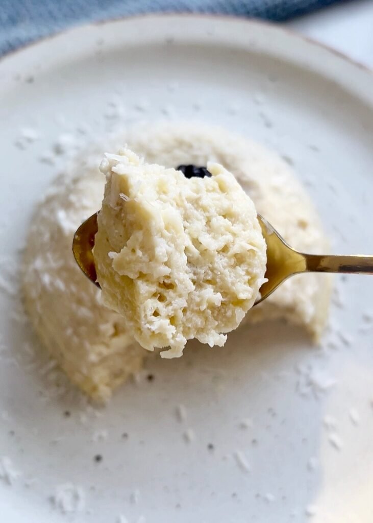 Flourless coconut yogurt cake slice closeup