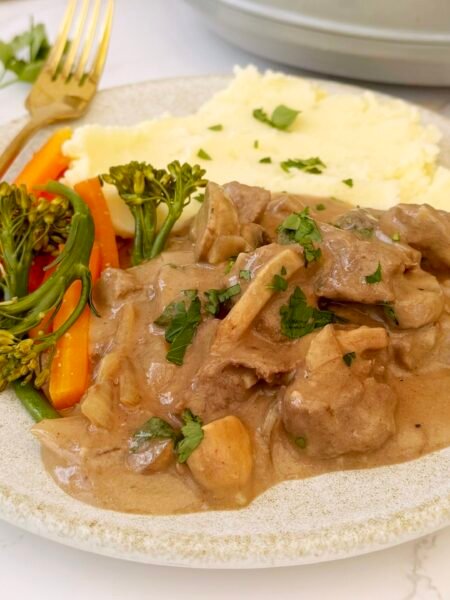 plate of food with Healthy Slow Cooker Beef Stroganoff