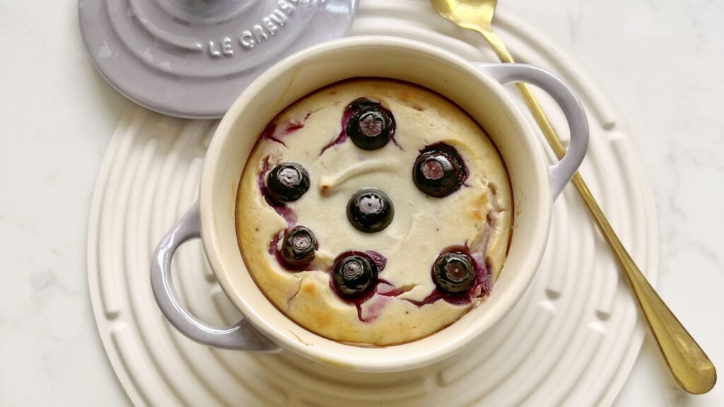 Blueberry Yoghurt Cake single serve in a ramekin