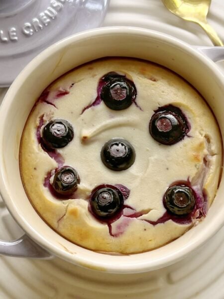 Blueberry Yoghurt Cake single serve in a ramekin