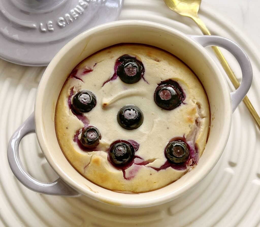 Blueberry Yoghurt Cake single serve in a ramekin