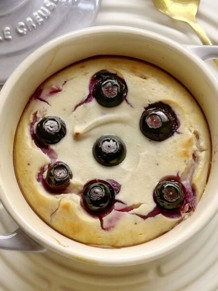 Blueberry Yoghurt Cake single serve in a ramekin