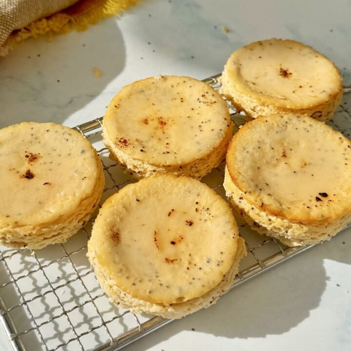 Mini Lemon and Poppyseed Cottage Cheesecakes served in paper liners, topped with lemon zest and fresh berries on a white plate