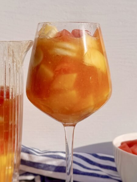 A glass of Salpicon Colombiano, fruit cocktail