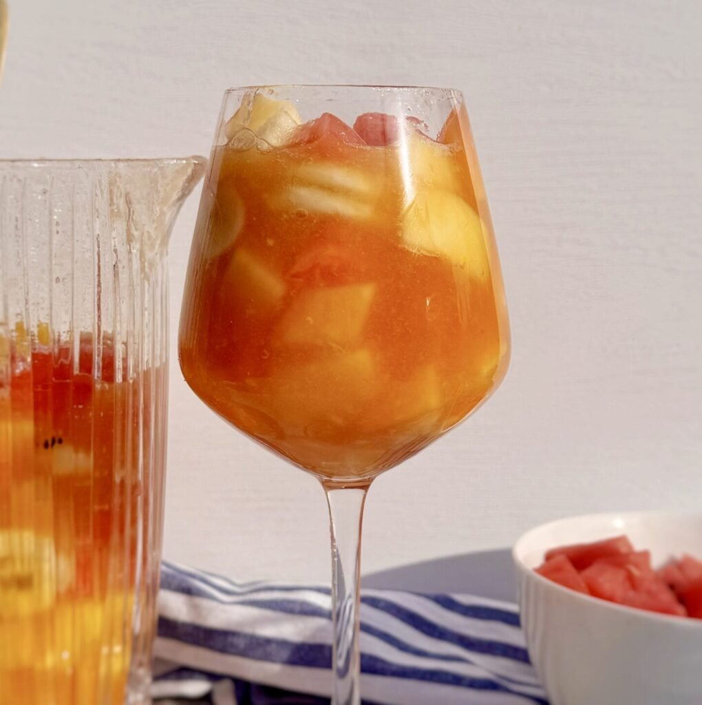 A glass of Salpicon Colombiano, fruit cocktail