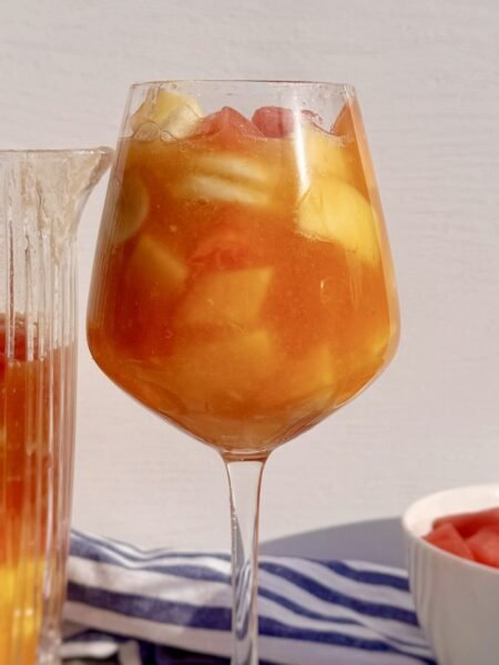 A glass of Salpicon Colombiano, fruit cocktail