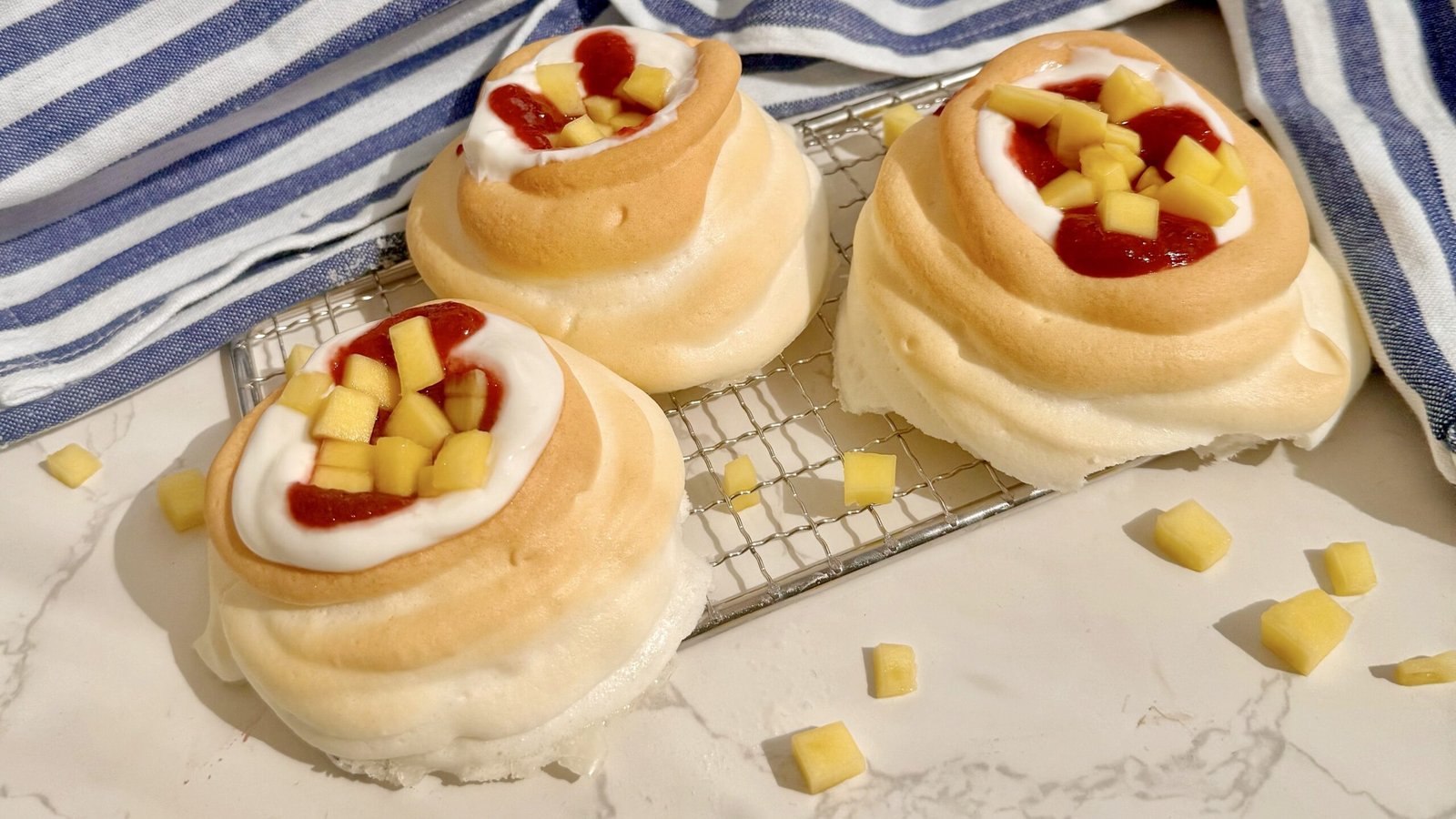 mini pavlova recipe, mango pavlova, cherry coulis dessert, healthy pavlova, Skyr yoghurt dessert, low sugar pavlova, high protein dessert, summer pavlova, gluten free pavlova, fruit pavlova