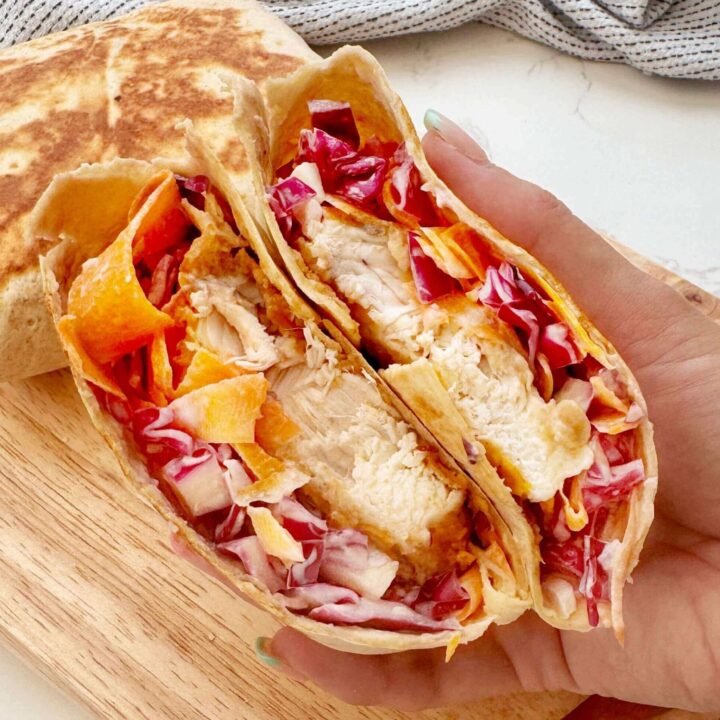 Hot honey chicken tender wraps cut in half