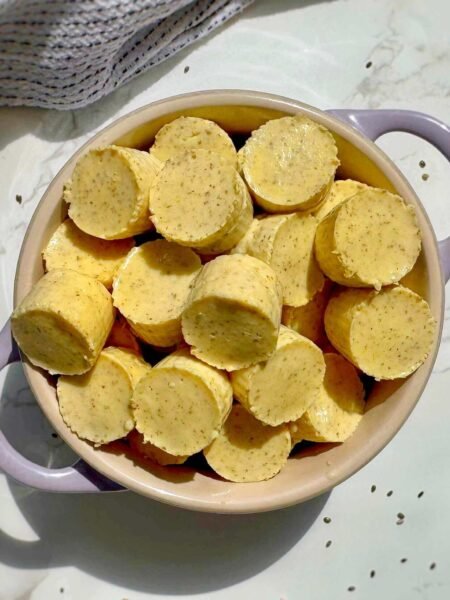 High protein Mango yoghurt jelly in ramekin from above
