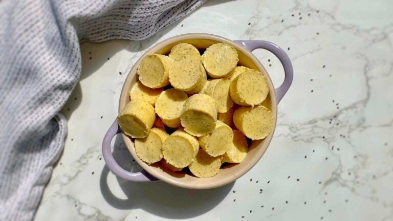 High protein Mango yoghurt jelly in ramekin from above