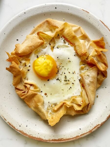 Cheesy Egg Filo Pastry shown from above served on a plate