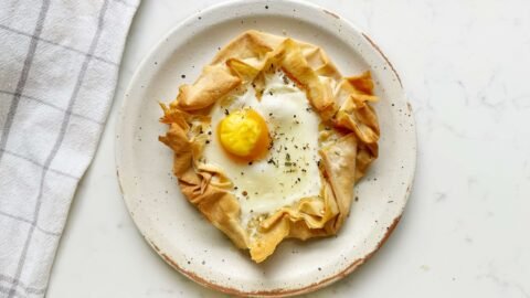 Cheesy Egg Filo Pastry shown from above served on a plate
