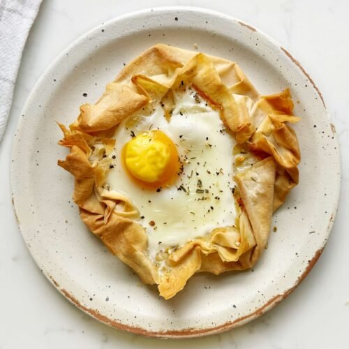 Cheesy Egg Filo Pastry shown from above served on a plate