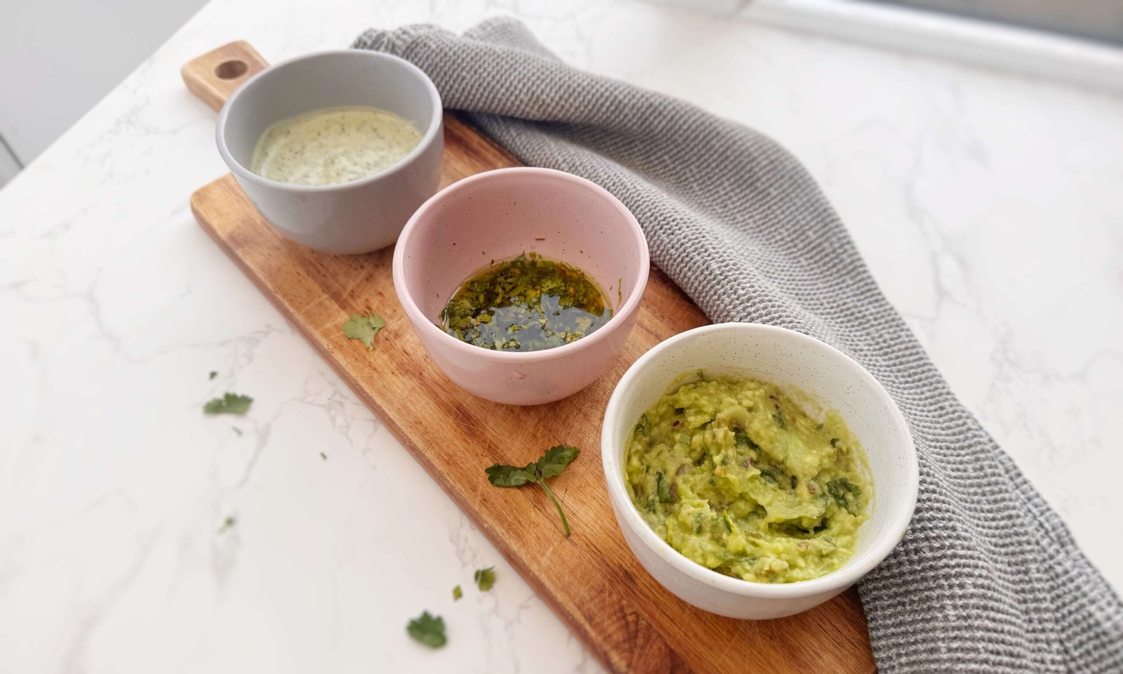 3 Latin American steak sauces served in bowls.