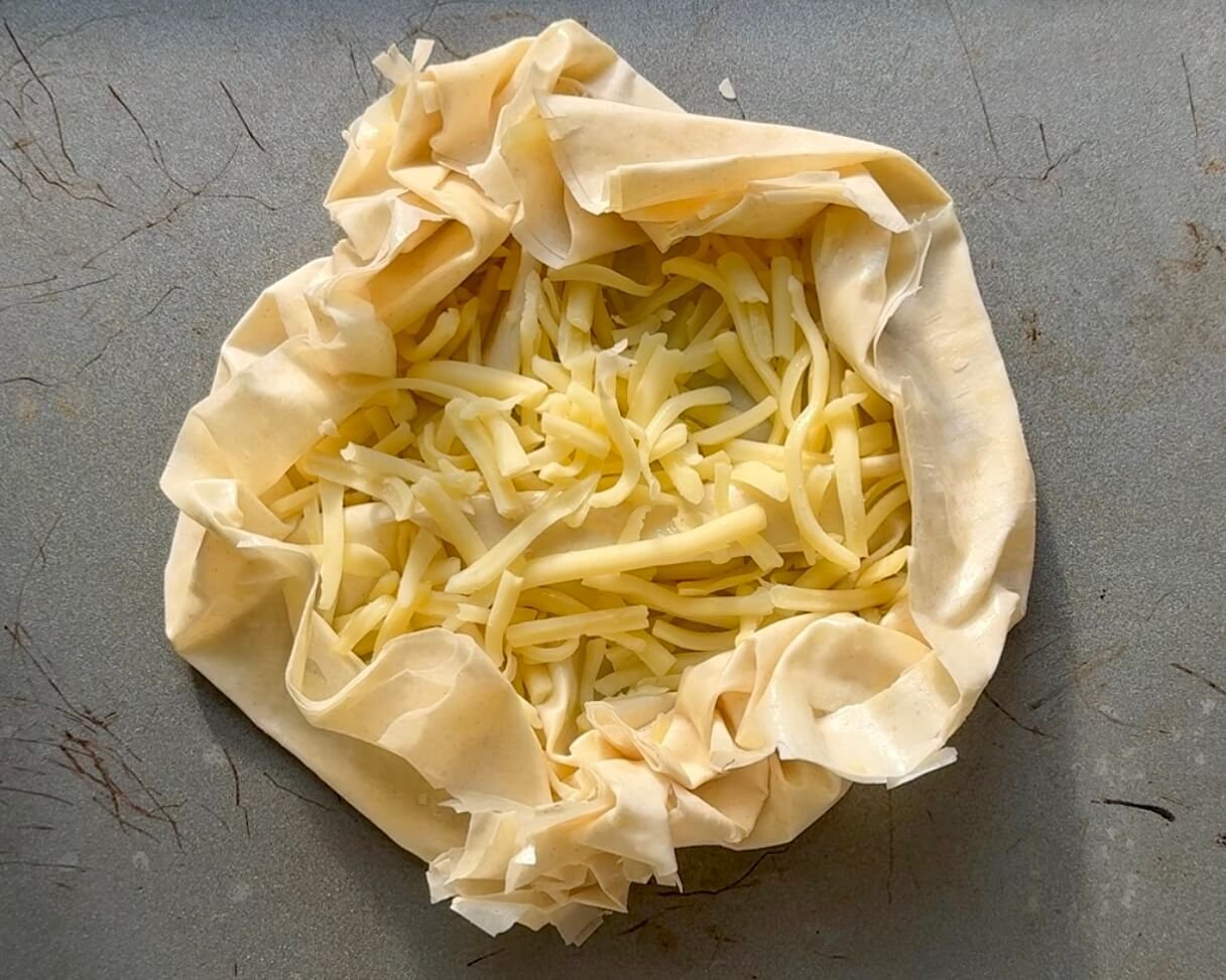 Cheesy Egg Filo Pastry shown from above before it is baked