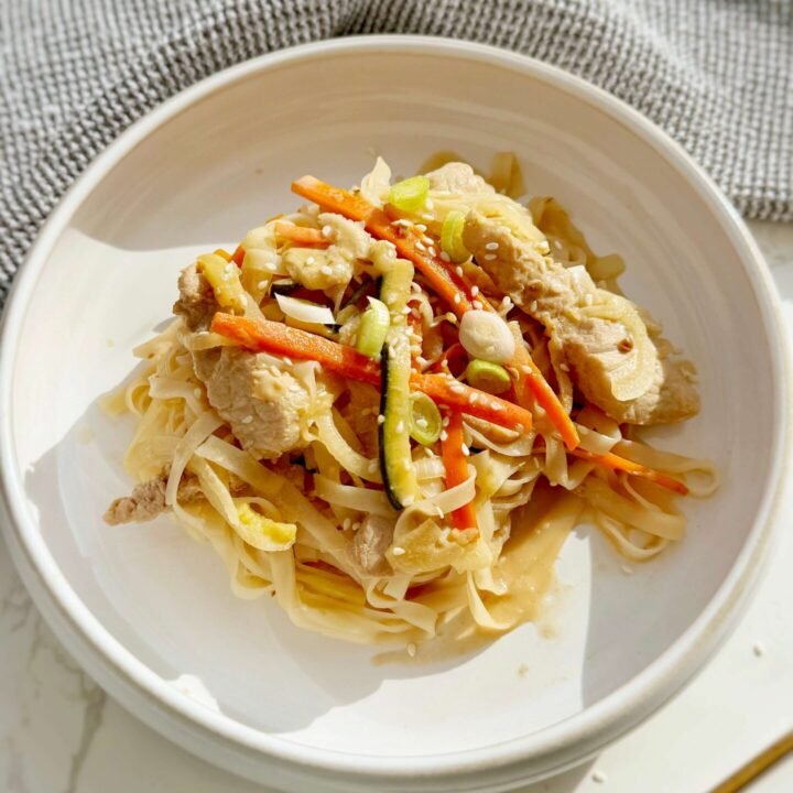 Slow Cooker Creamy Miso Pork Noodles served in a bowl