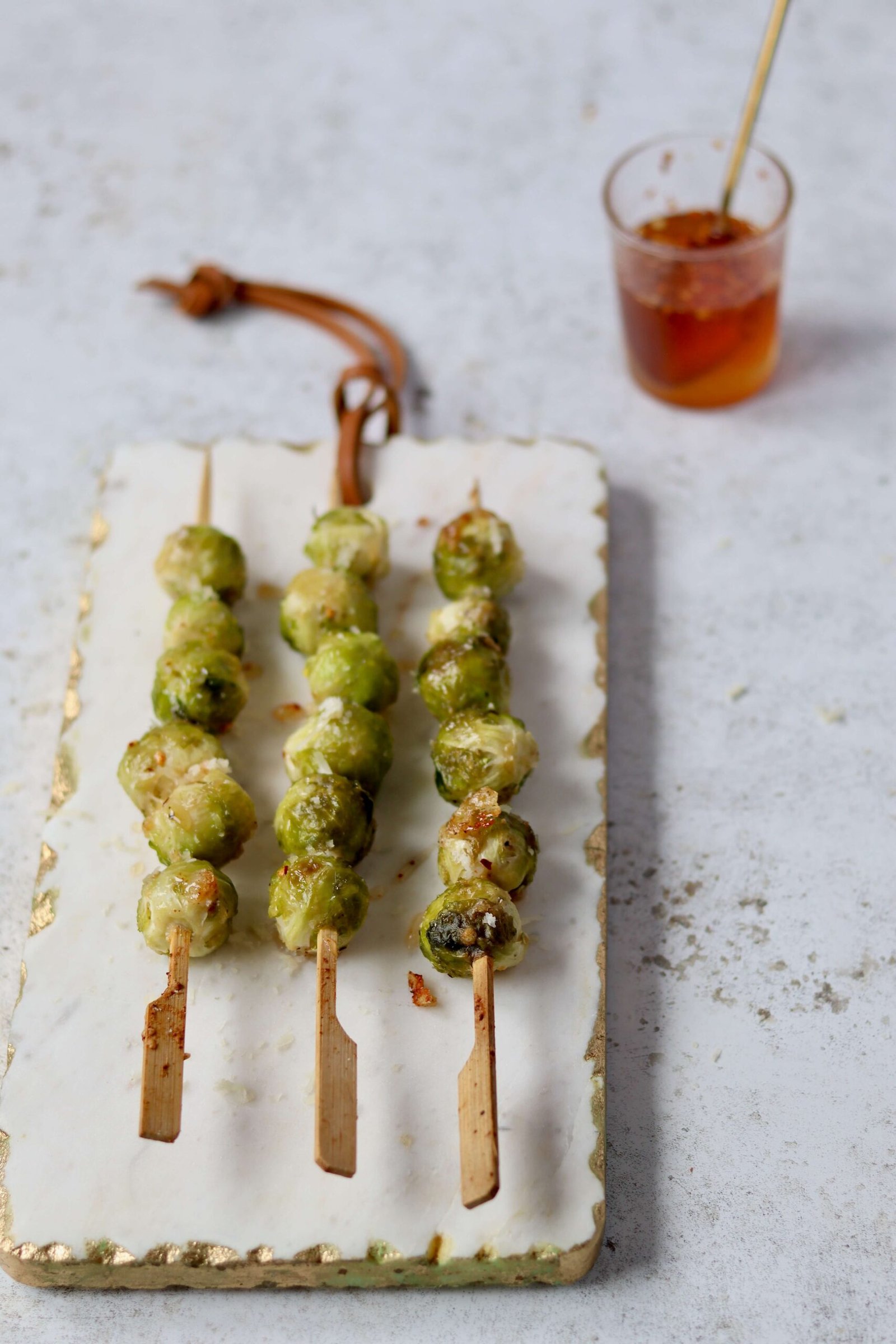 Hot Honey Roasted Brussels Sprout Skewers