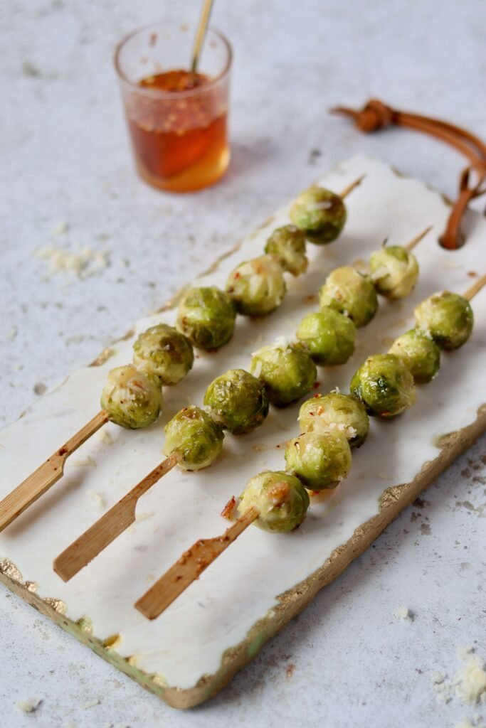 Hot Honey Roasted Brussels Sprout Skewers