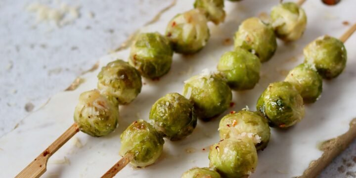 Hot Honey Roasted Brussels Sprout Skewers