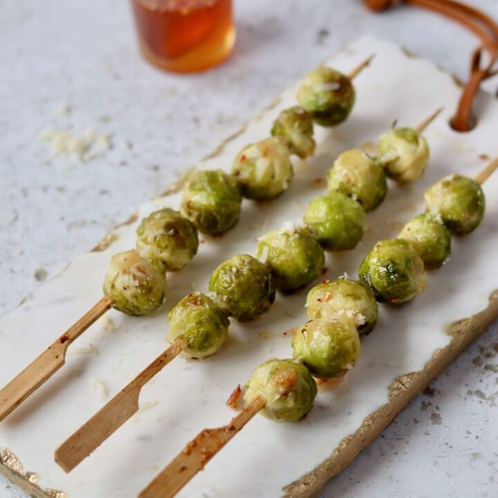 Hot Honey Roasted Brussels Sprout Skewers