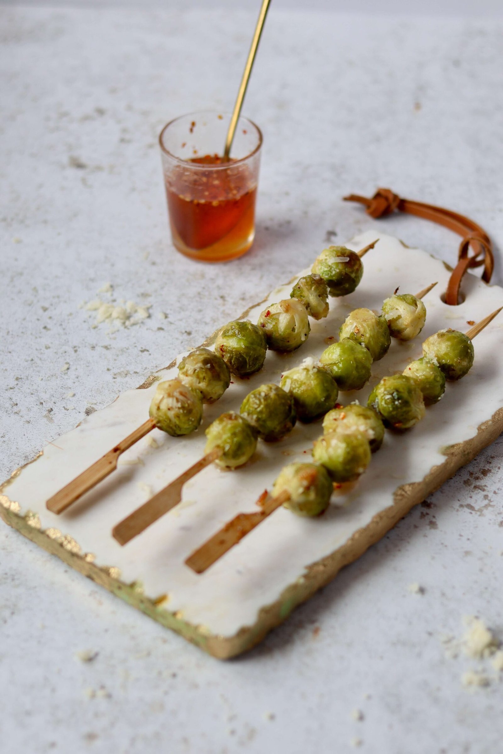 Hot Honey Roasted Brussels Sprout Skewers
