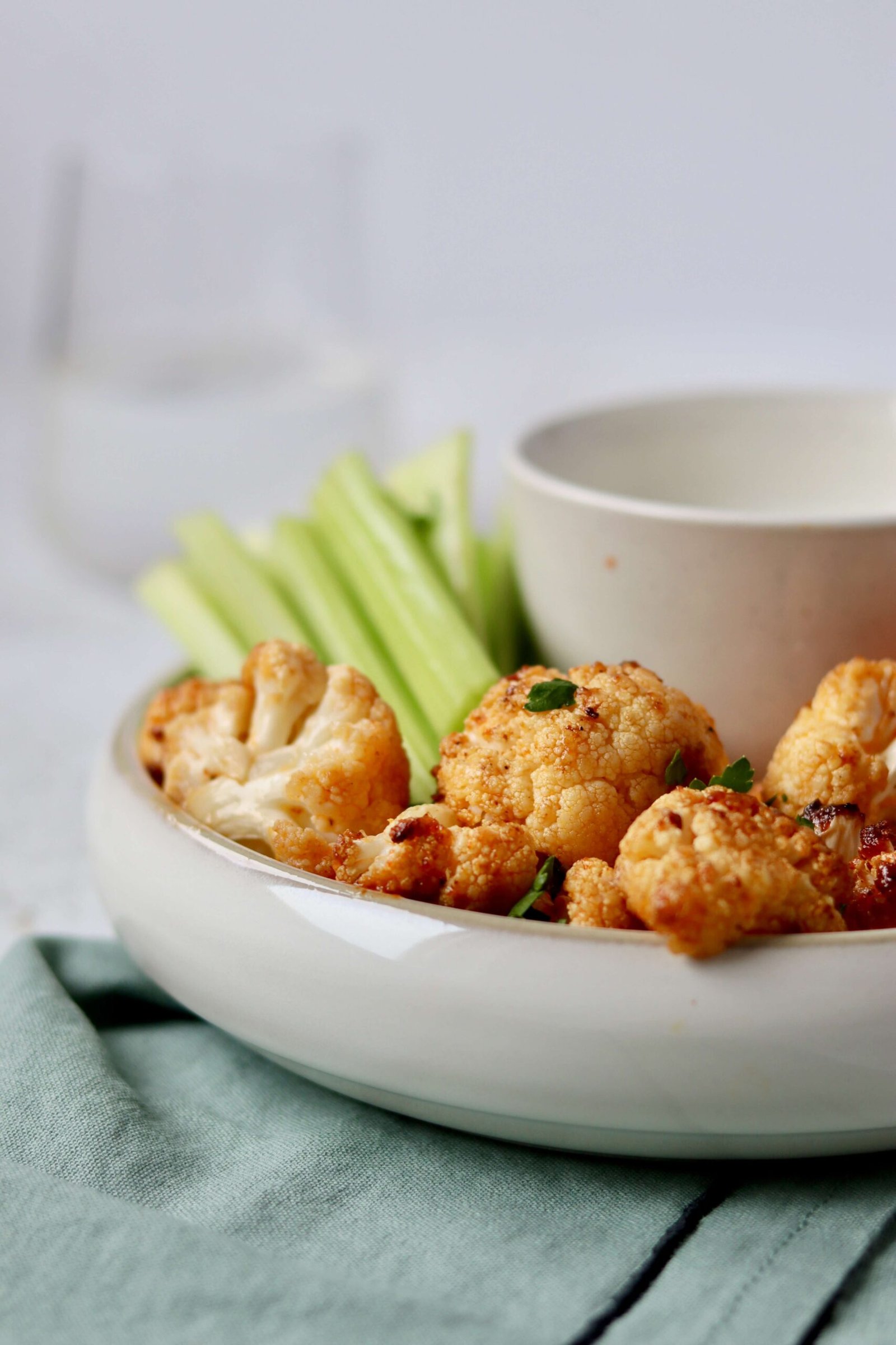 Parmesan Cauliflower Buffalo Bites with Greek Yogurt Ranch close up