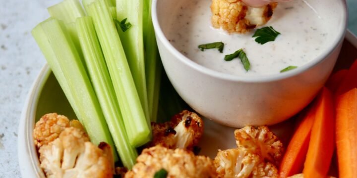 Parmesan Cauliflower Buffalo Bites with Greek Yogurt Ranch