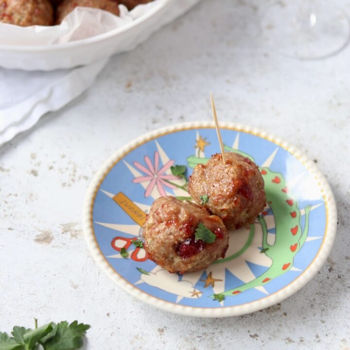 Mini Turkey Meatballs with Cranberry Glaze, served on a plate