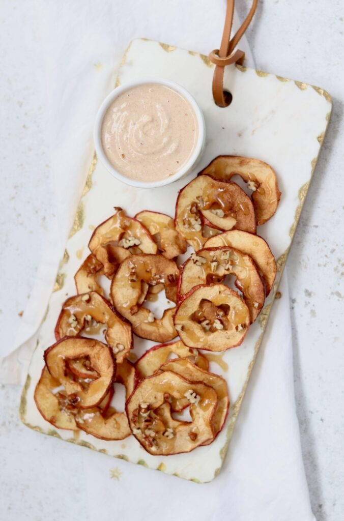 Caramel Apple Chips with Cinnamon Cheesecake Dip view from above