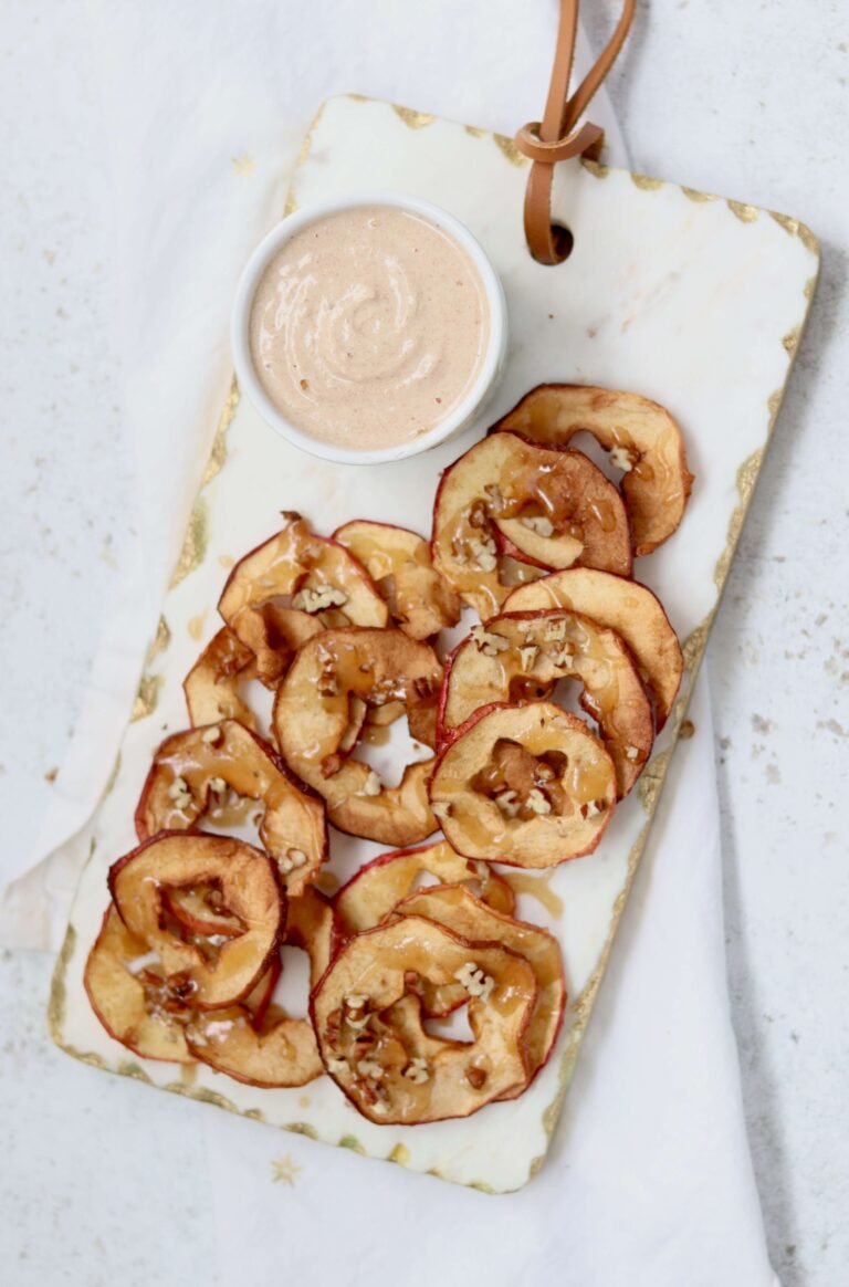 Caramel Apple Chips with Cinnamon Cheesecake Dip view from above