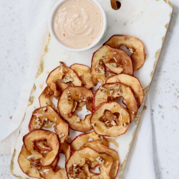 Caramel Apple Chips with Cinnamon Cheesecake Dip view from above