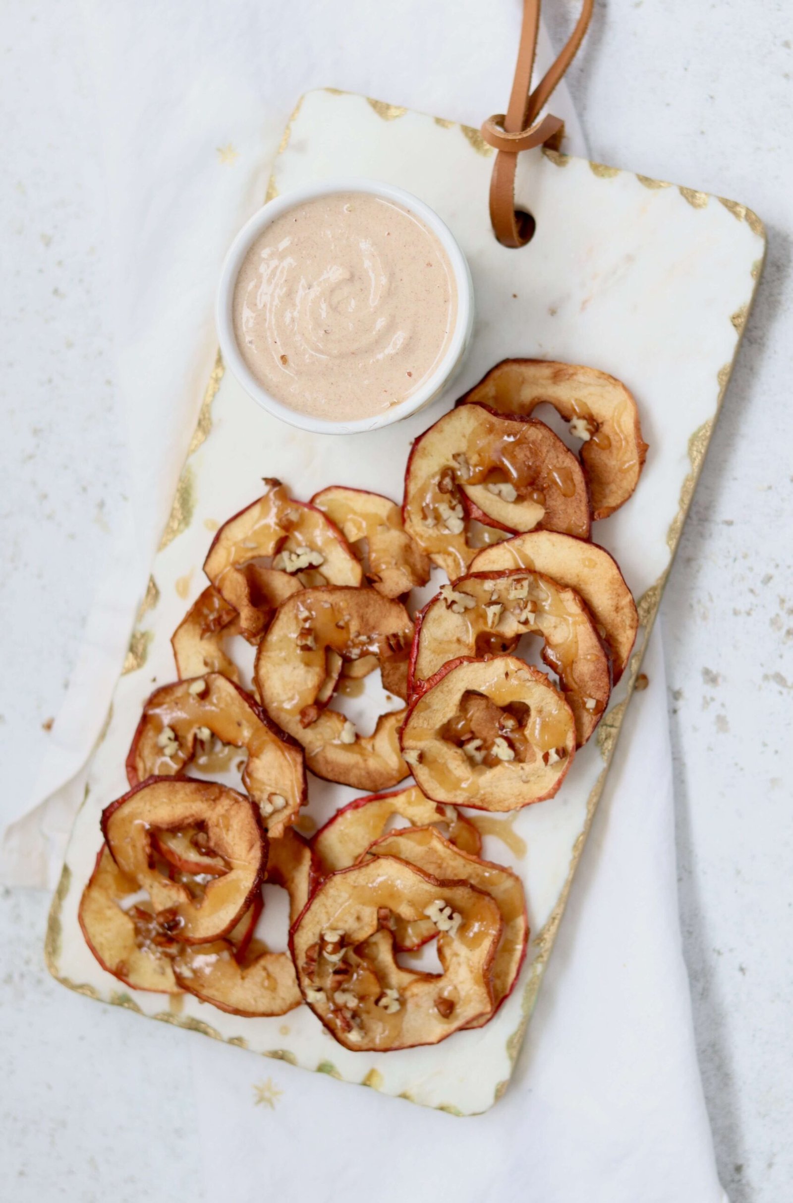 Caramel Apple Chips with Cinnamon Cheesecake Dip view from above