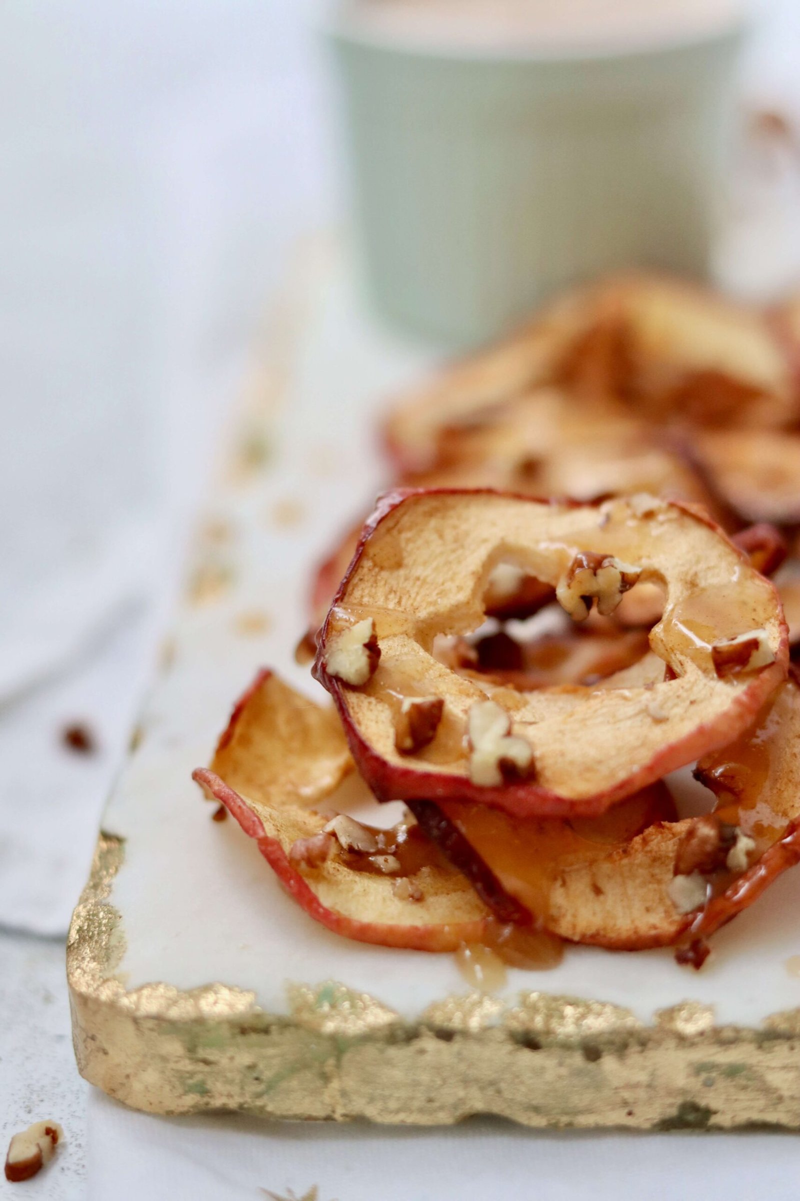 Caramel Apple Chips with Cinnamon Cheesecake Dip close up