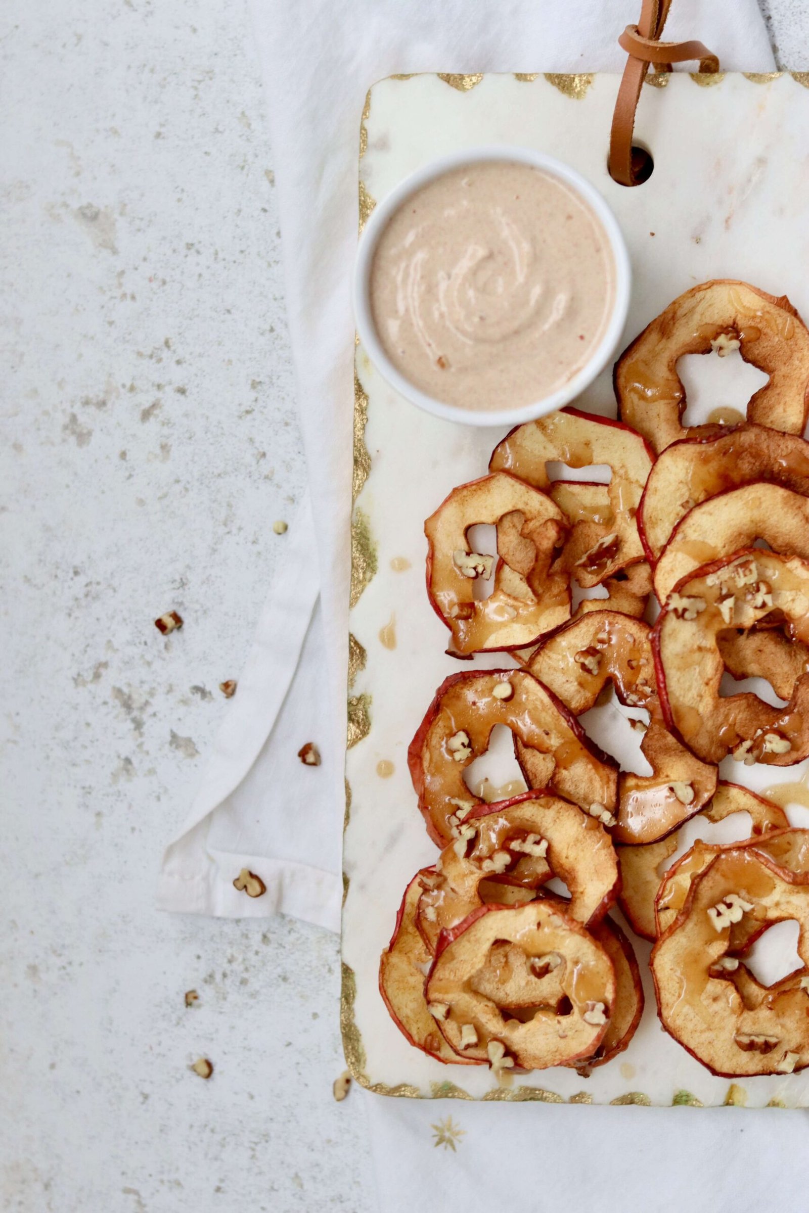 Caramel Apple Chips with Cinnamon Cheesecake Dip view from above cropped