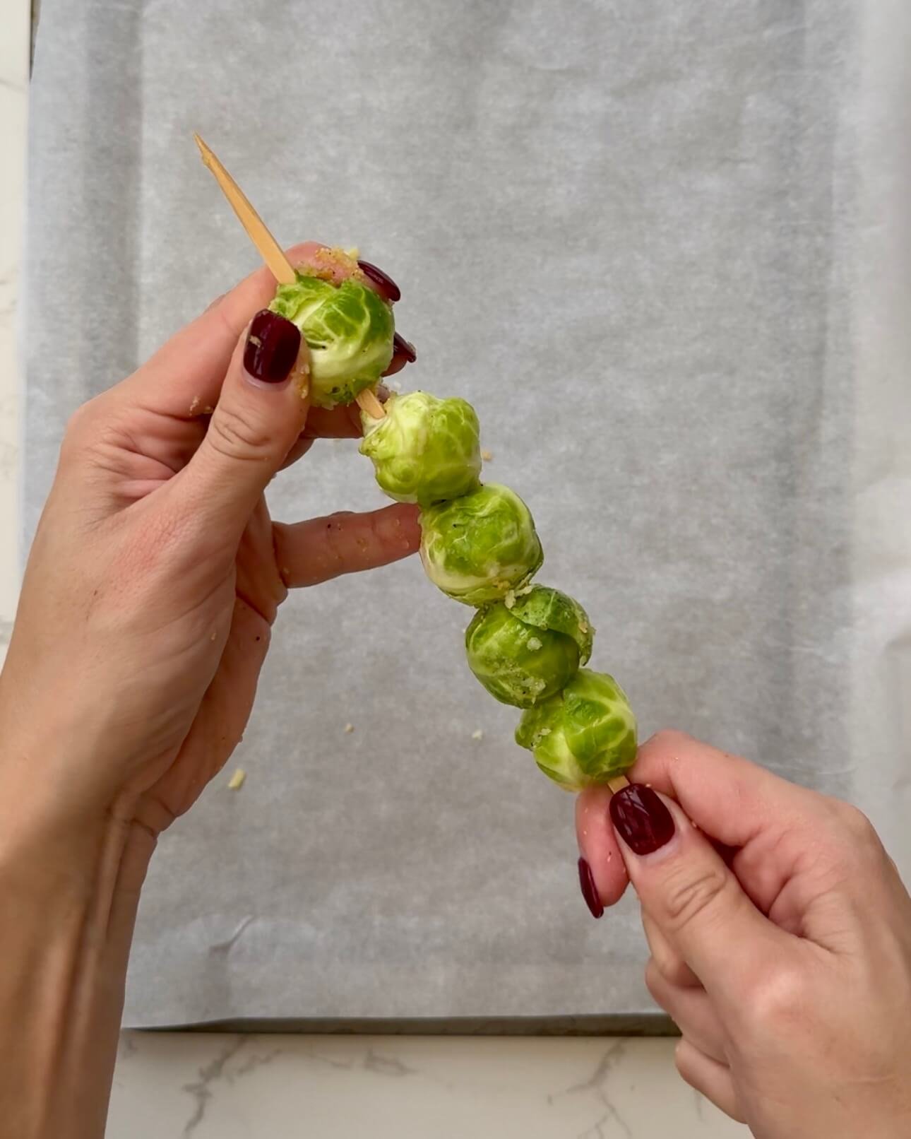 Hot Honey Roasted Brussels Sprout Skewers