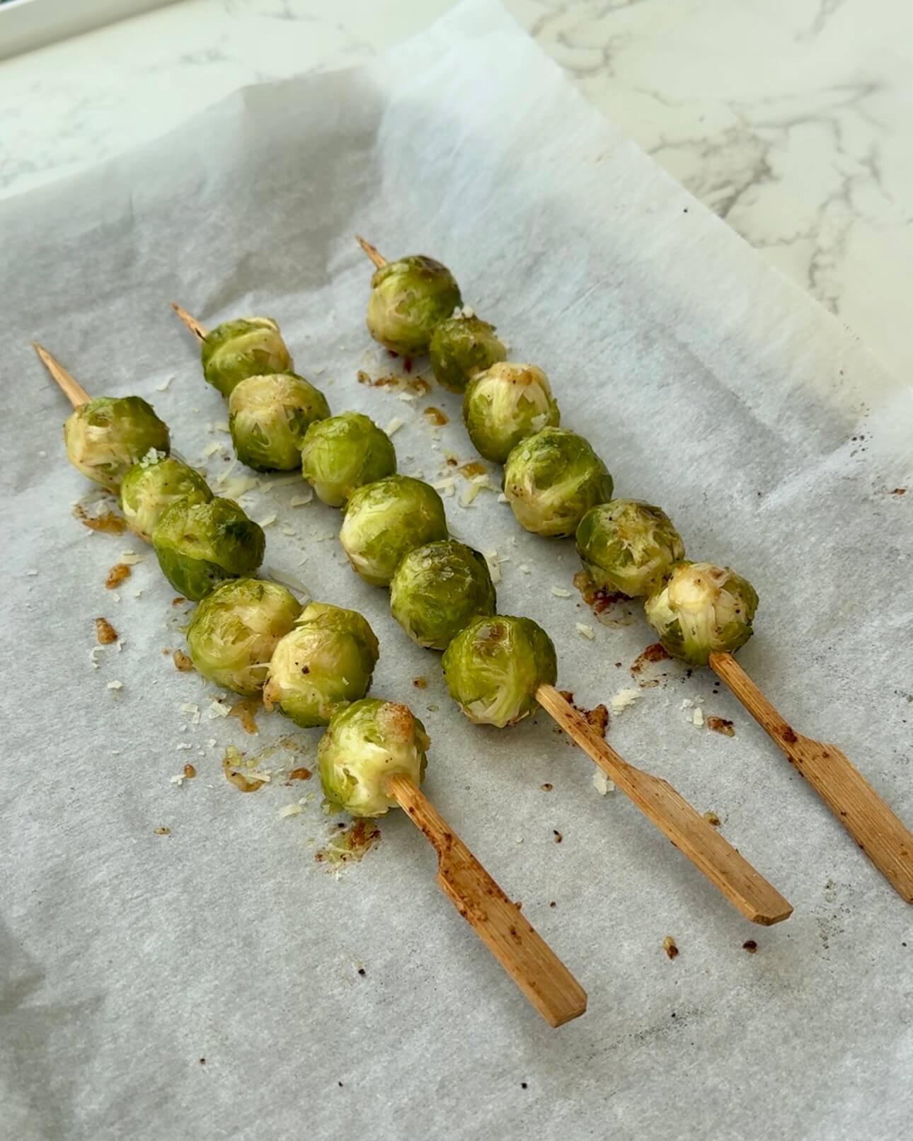 Hot Honey Roasted Brussels Sprout Skewers